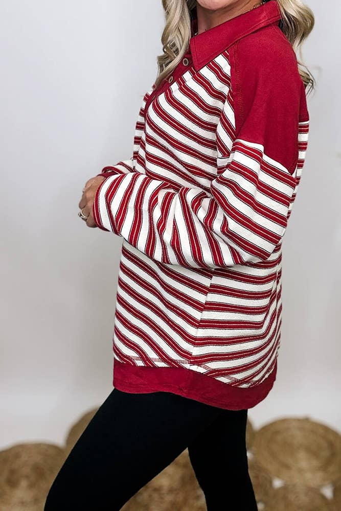 UNISHE - Wholesale Blouse - Women's - Oversized Striped Fleece Pullover Stand Collar Top CY1677