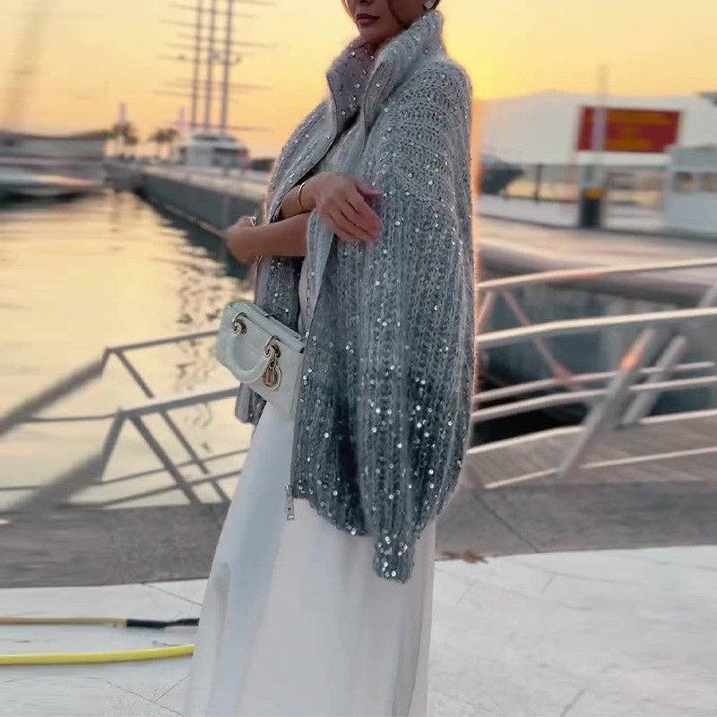 UZ Wholesale Store – Engroshandel Cardigan - Dame – Overdimensioneret sweater med skinnende lynlås og stativkrave1