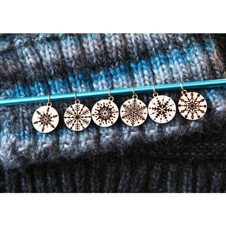 Maple Wood Knitting Stitch Markers Set of 6 Snowflakes for wholesale by Sunrise Grove