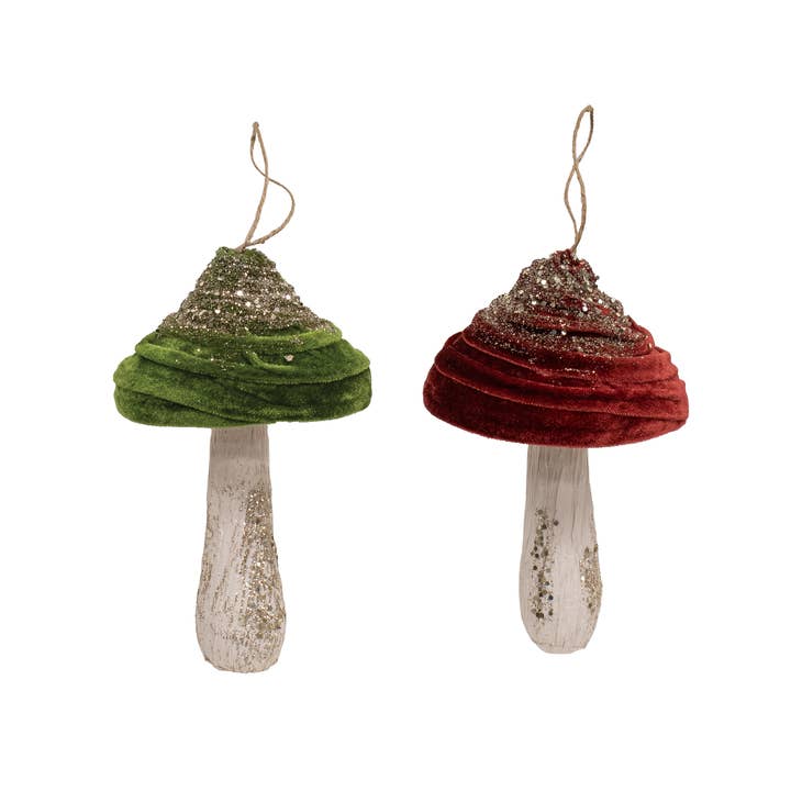 Velvet Glittered Mushroom Ornament 8", 2 Asstd. for wholesale by Bright Ideas