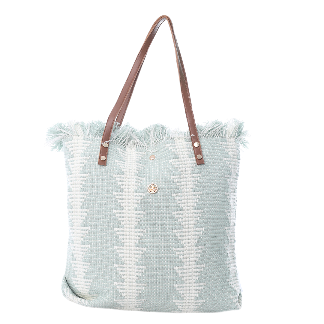 VIA FIORE - Wholesale Beach Bag - Teal Zigzag Tote with Fringe & Leather Straps2
