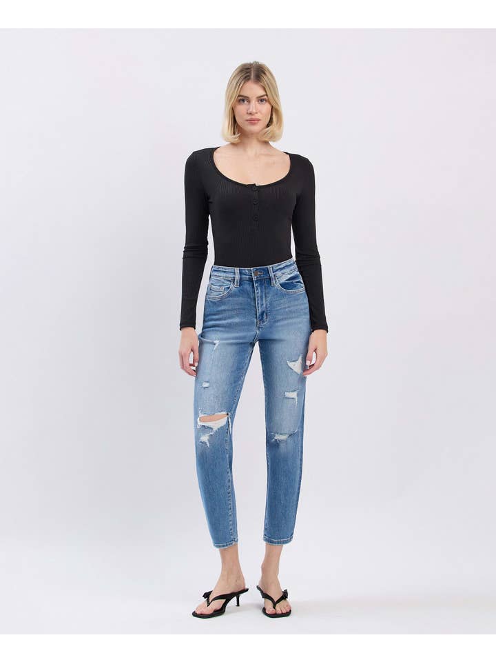 SCRATCH SUPER HIGH RISE DISTRESSED CROP MOM JEANS T5341 for wholesale on Faire