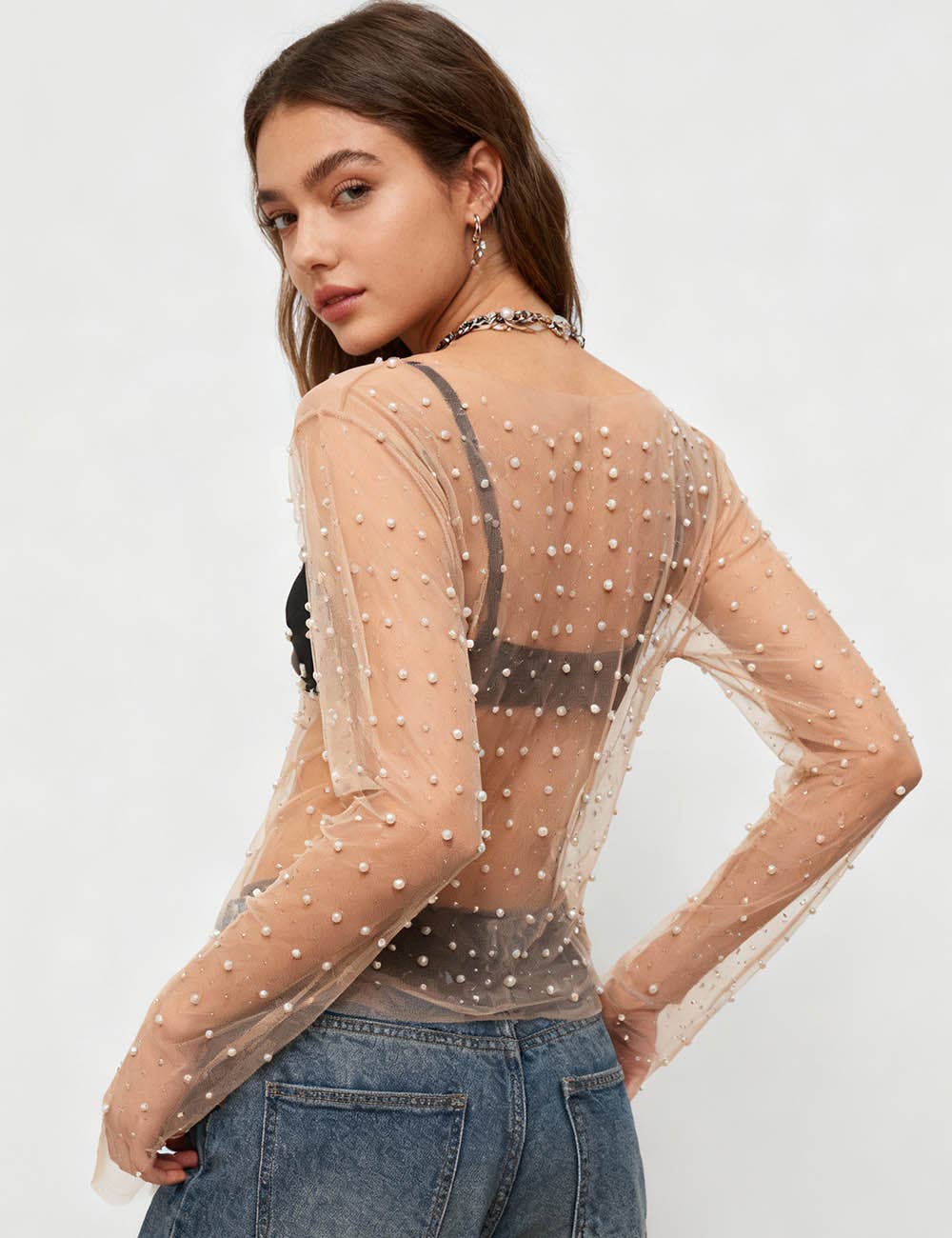 Sweetkama - Wholesale Blouse – Women’s - Pearl Rhinestone Studded See Through Mesh Crop Top SKT19763