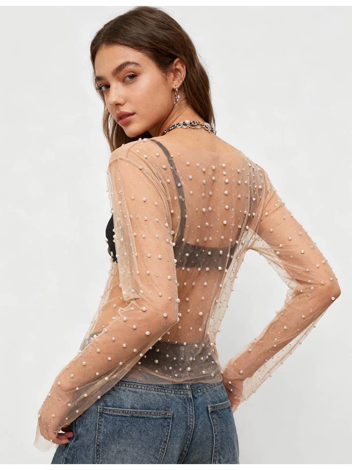 Sweetkama - Wholesale Blouse - Women's - Pearl Rhinestone Studded See Through Mesh Crop Top SKT19763