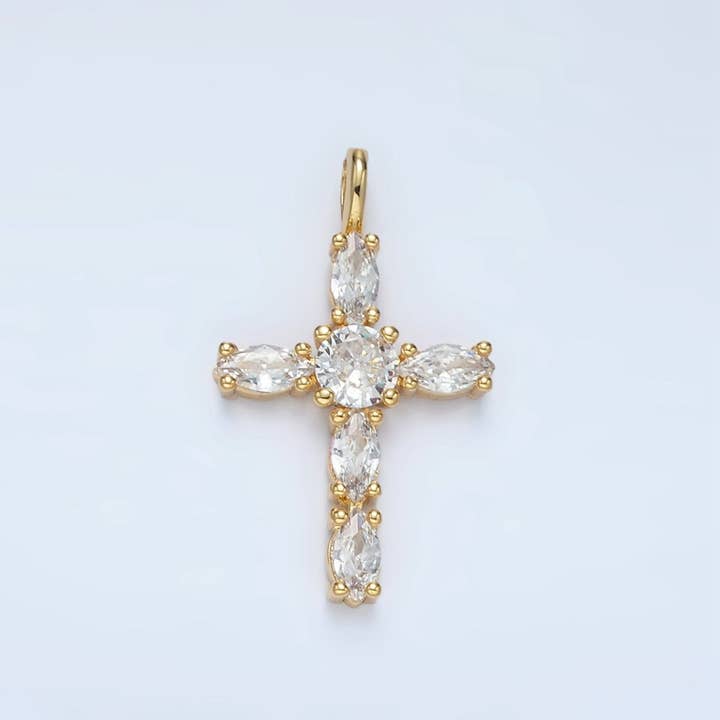 Aim Eternal - Wholesale Individual Charm/Pendant - 24K Gold Filled Pink, Clear Marquise CZ Cross Pendant | AA13673
