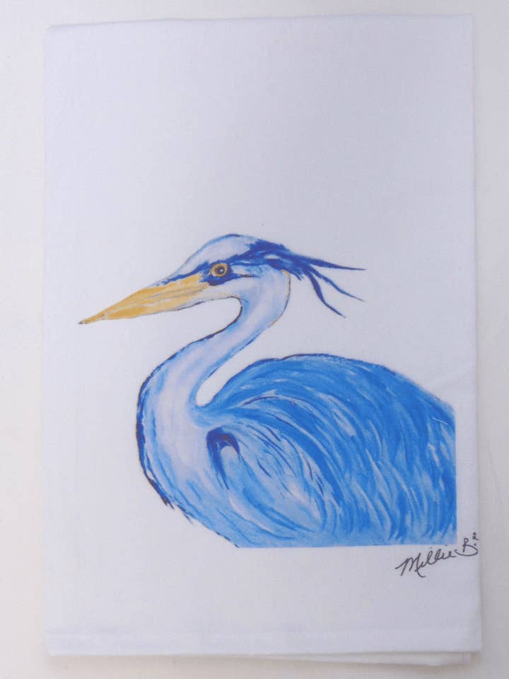 Limited Edition Blue Heron Print på hvidt mel sæk håndklæde for engroshandel hos Lowcountry Linens