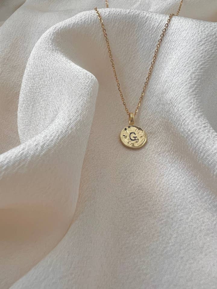 Dainty Gold Letter Pendant Necklace - Flat round hammered for wholesale by terracottaandsun