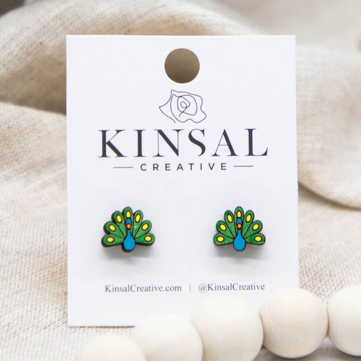 Peacock Wood Stud Earrings for wholesale by Kinsal Creative