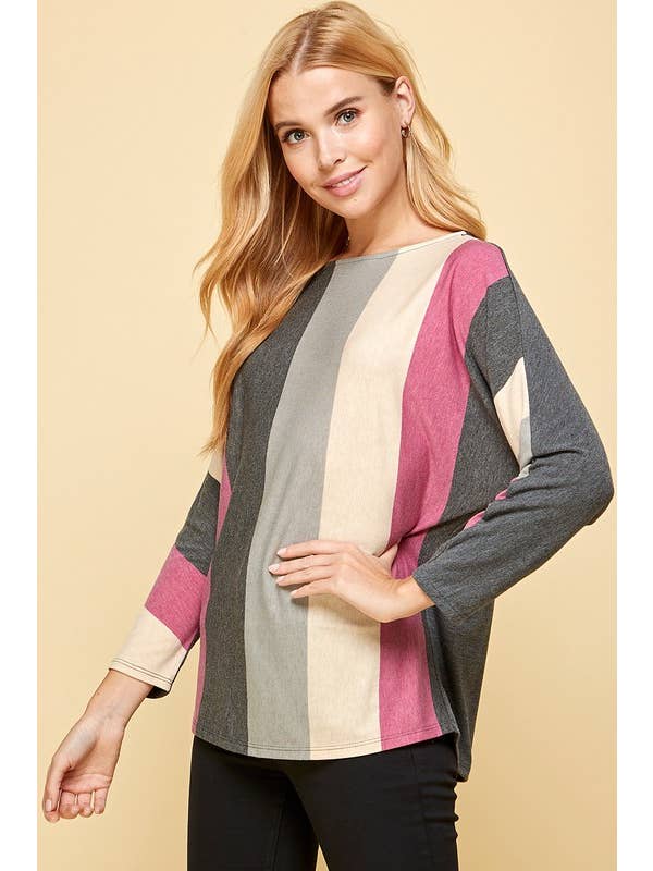 Emerald Collection - Wholesale Tunic - Women's - ETK-8579 Striped Dolman Sleeves Top 7