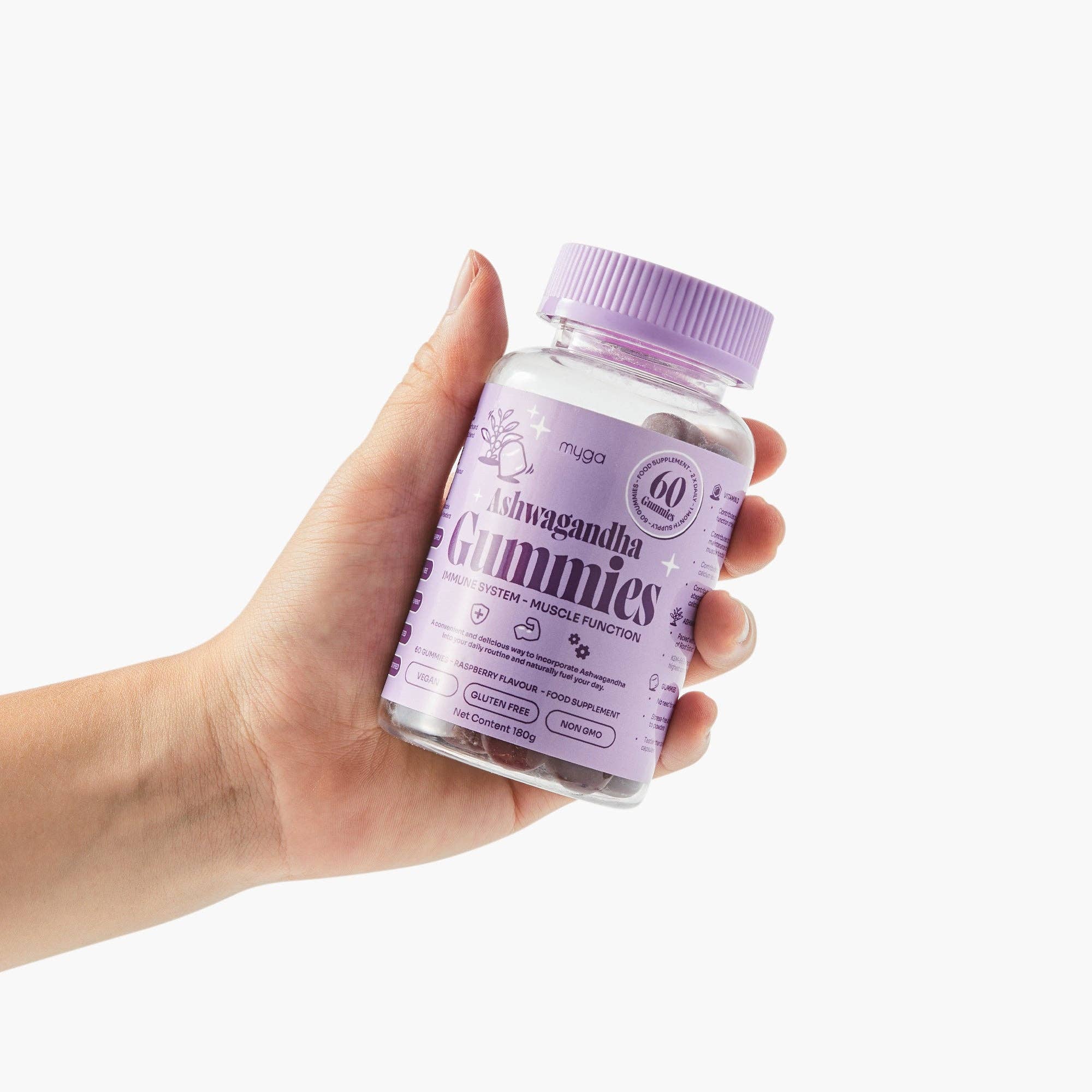 Myga – Großhandel Nahrungsergänzungsmittel/Vitamin zum Einnehmen – Myga Ashwagandha-Gummibärchen – Veganer Himbeer-Wellness-Boost9