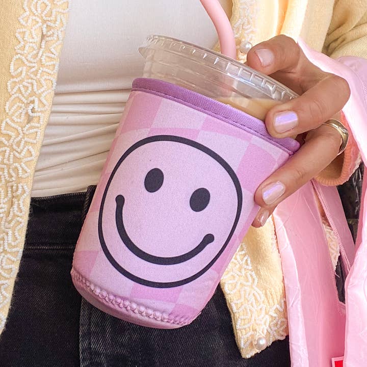 Checkered Smiley Iced Coffee Coozie for wholesale by Wildflower + Co.