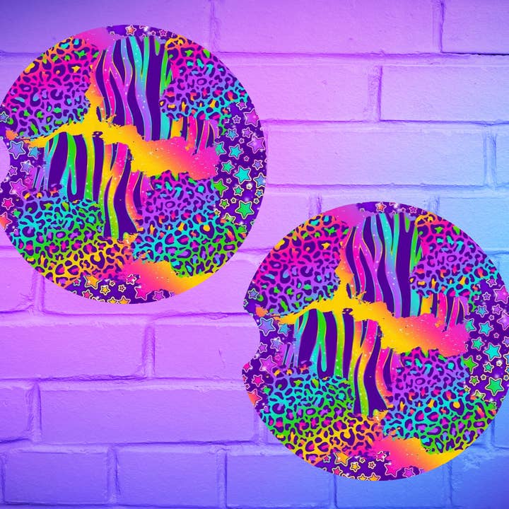 Juego de posavasos para coche con estampados de patchwork neón arcoíris para venta al por mayor de Beautiful Creations by Laney