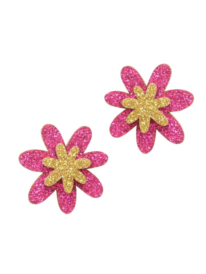 Double Flower Glitter Stud Earrings in Magenta + Gold for wholesale by Kam Creates