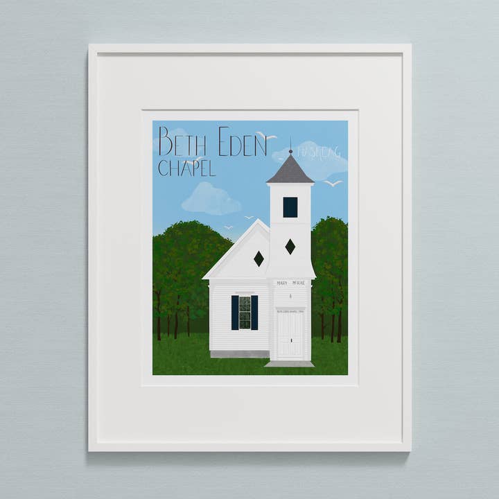 Beth Eden Chapel Art Print - Brooklin Maine for wholesale by Mary McRae Illustration