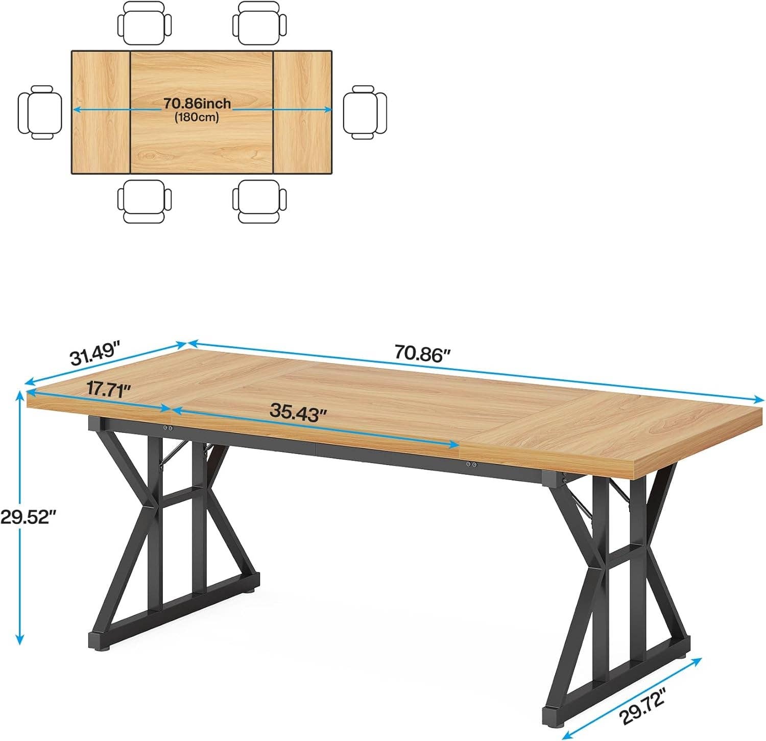 Light Walnut Black Farmhouse Dining Table 70.8 Inch Wood With Metal Legs for wholesale on Faire1