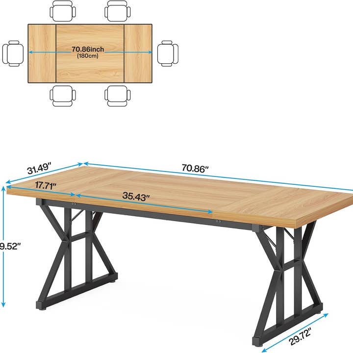 Light Walnut Black Farmhouse Dining Table 70.8 Inch Wood With Metal Legs for wholesale on Faire1