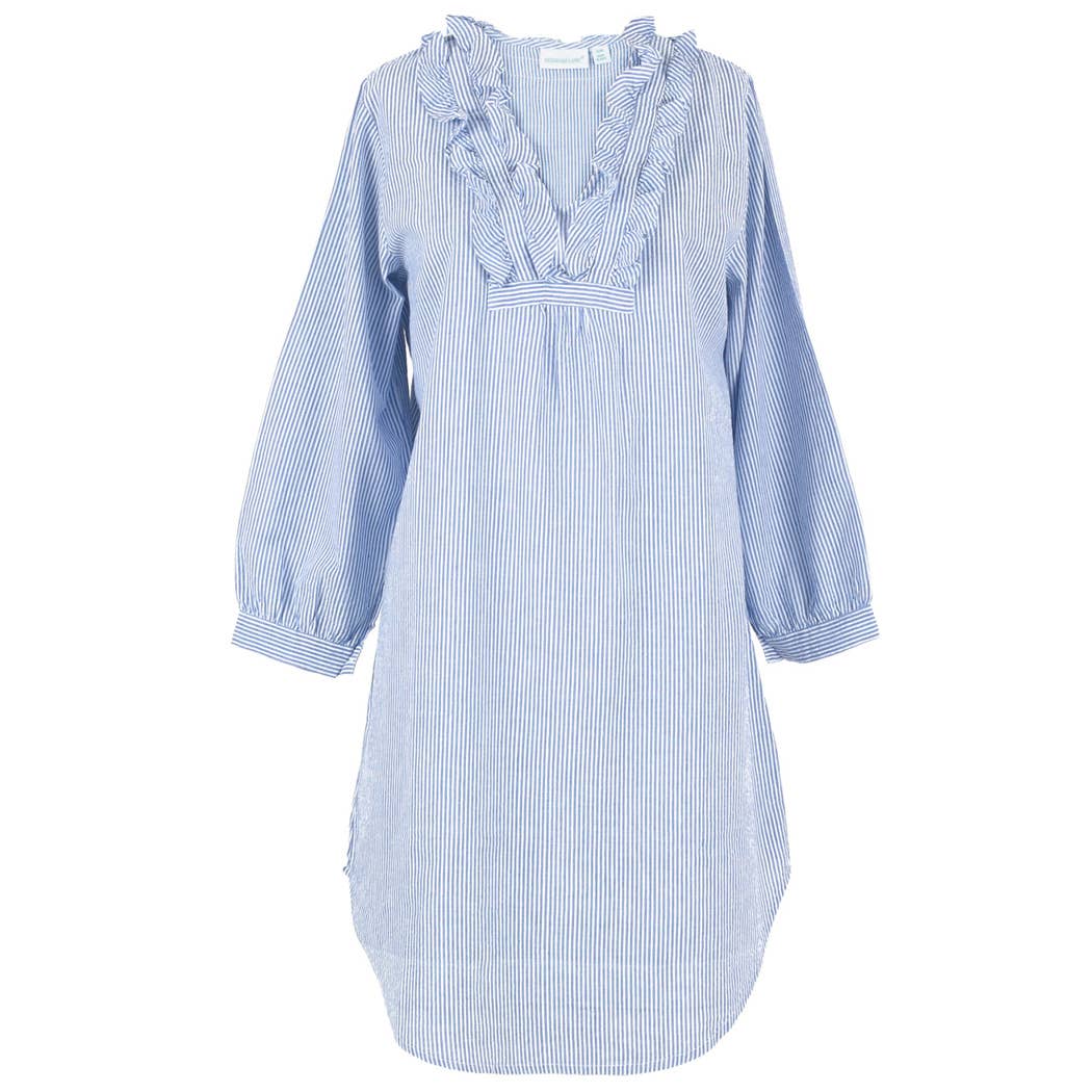 Needham Lane - Wholesale Nightshirt - Women's - Blue Seersucker ~ Long Sleeve Ruffled Nightshirt