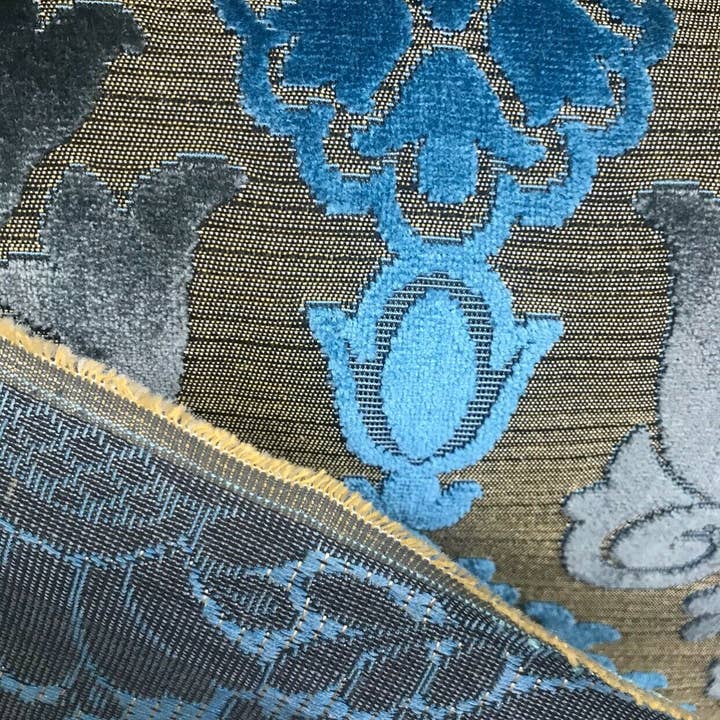 Fancy Styles Fabric – Großhandel Stoff – Prince John Novelty italienischer Burnout-Polsterstoff aus Chenille-Samt, Blau-Gold3
