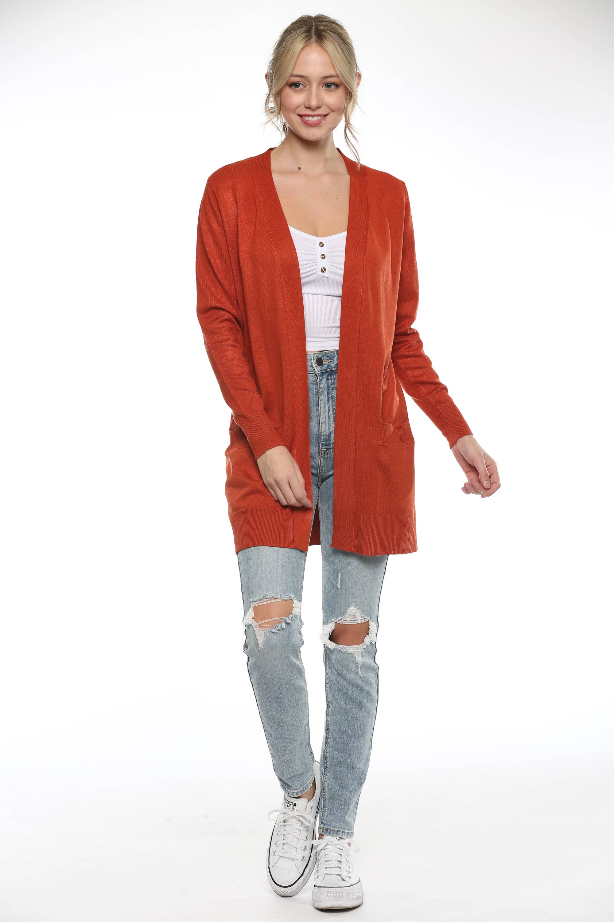 Urban Look - Wholesale Cardigan - Women's - Premium Lightweight Open Front Pocket Cardigan Rust4
