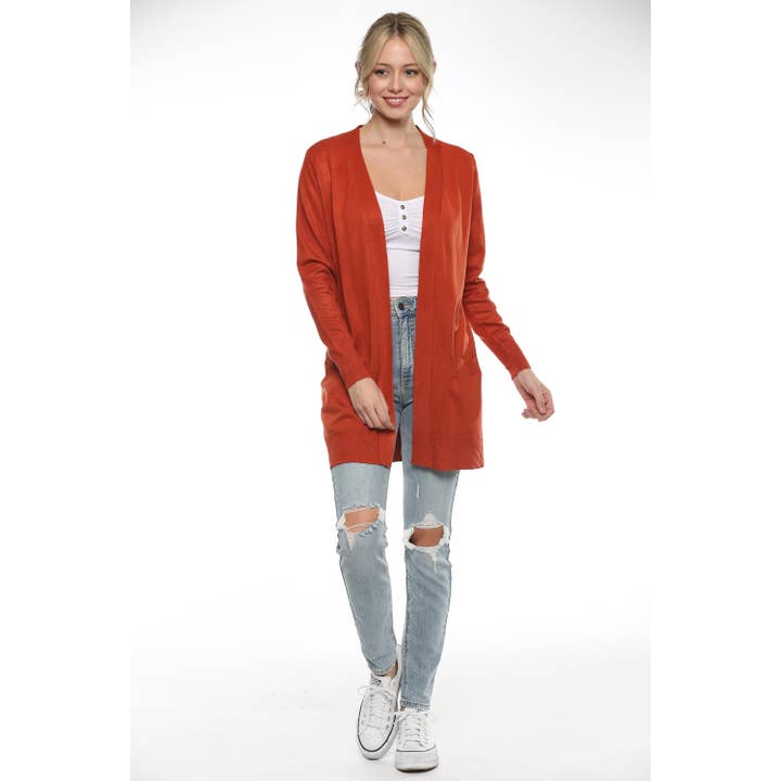 Urban Look - Wholesale Cardigan - Women's - Premium Lightweight Open Front Pocket Cardigan Rust4