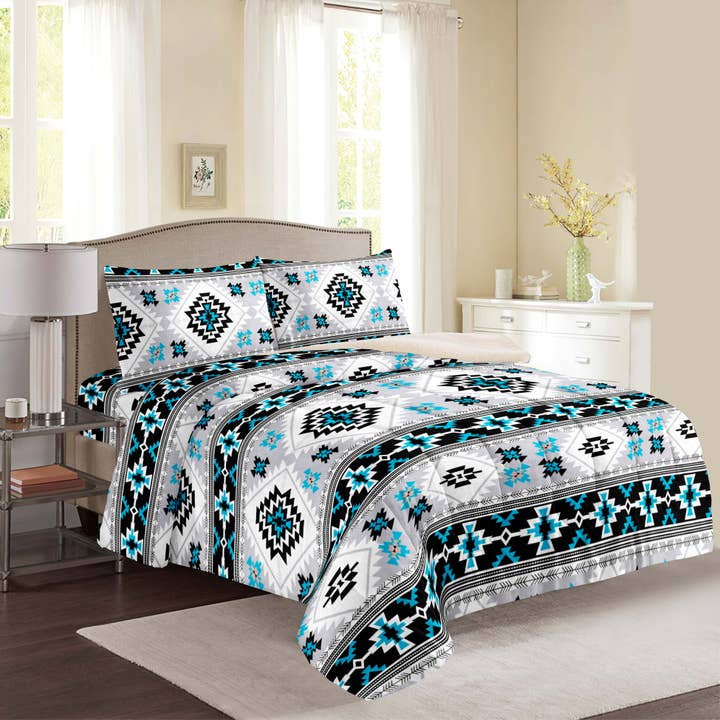 Western Linens - Wholesale Bedding Set - Turquoise Aztec Inspired 3pc Sherpa Blanket - King