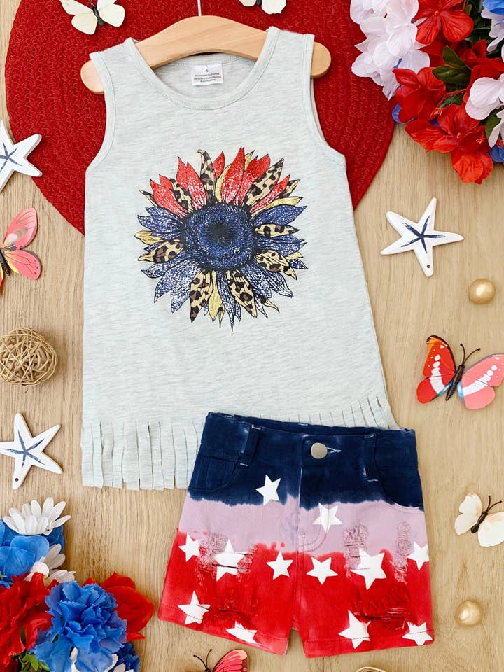 Gris Pantalones cortos de mezclilla sin mangas con estampado de girasoles y bandera de EE. UU. de venta al por mayor en Faire