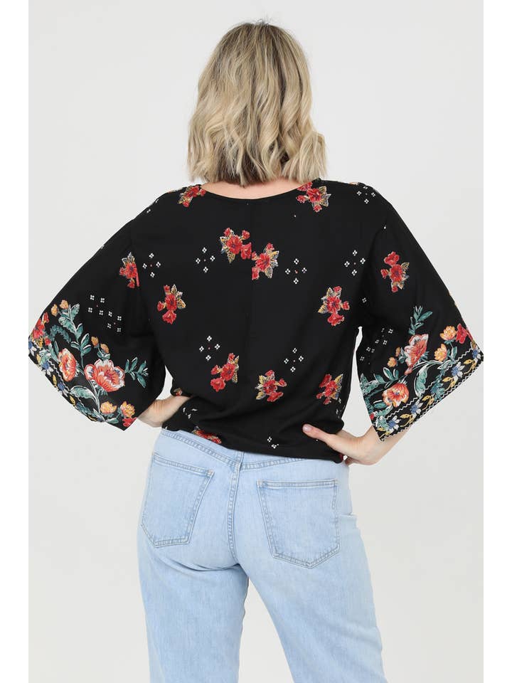 Nostalgia - Wholesale Blouse - Women's - N2Q81-A652 WIDE SLEEVE TIE WAIST V NECK BLOUSE