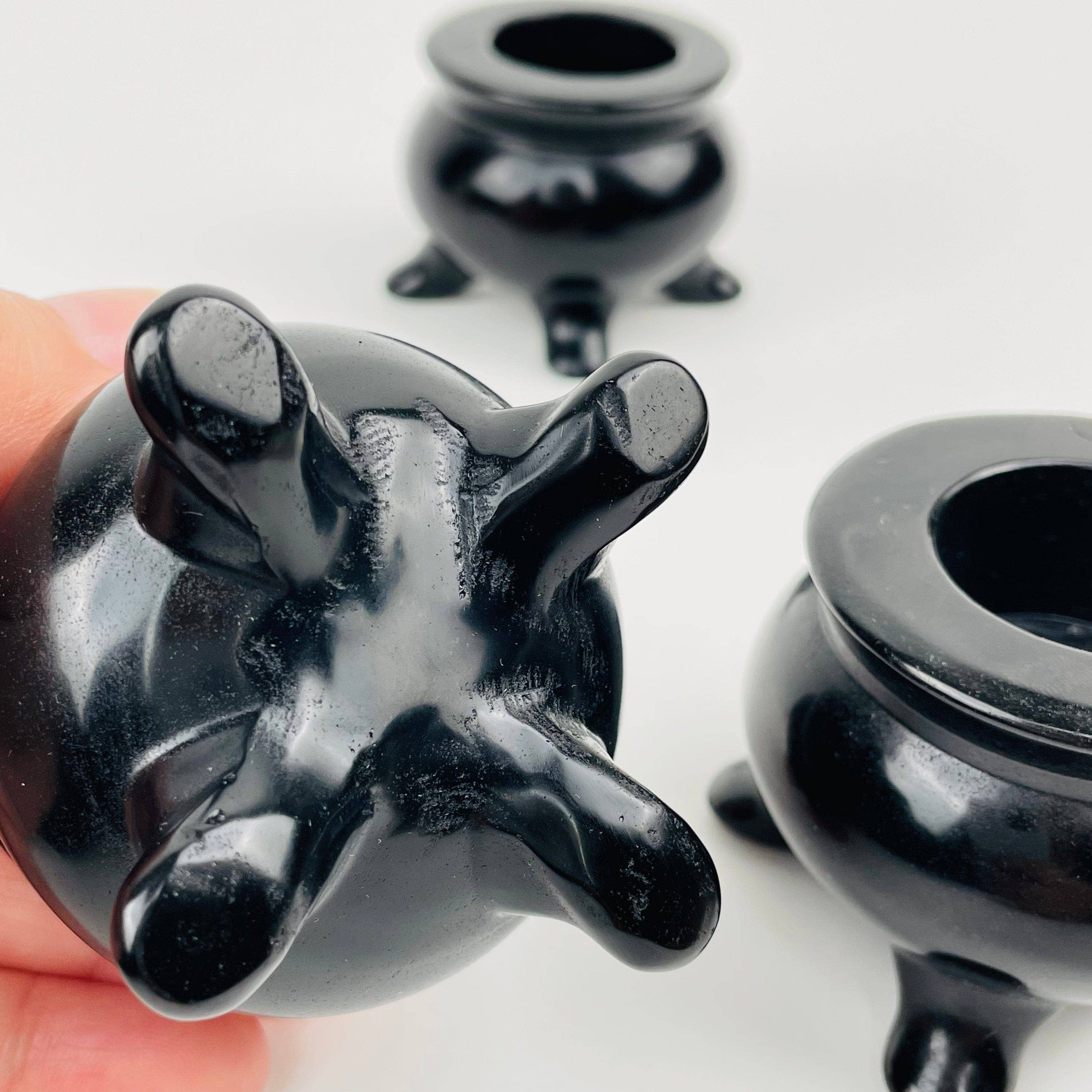 Rock Paradise - Wholesale Decorative Tabletop Object - Black Obsidian Cauldron Crystal Sphere Holder - Halloween4