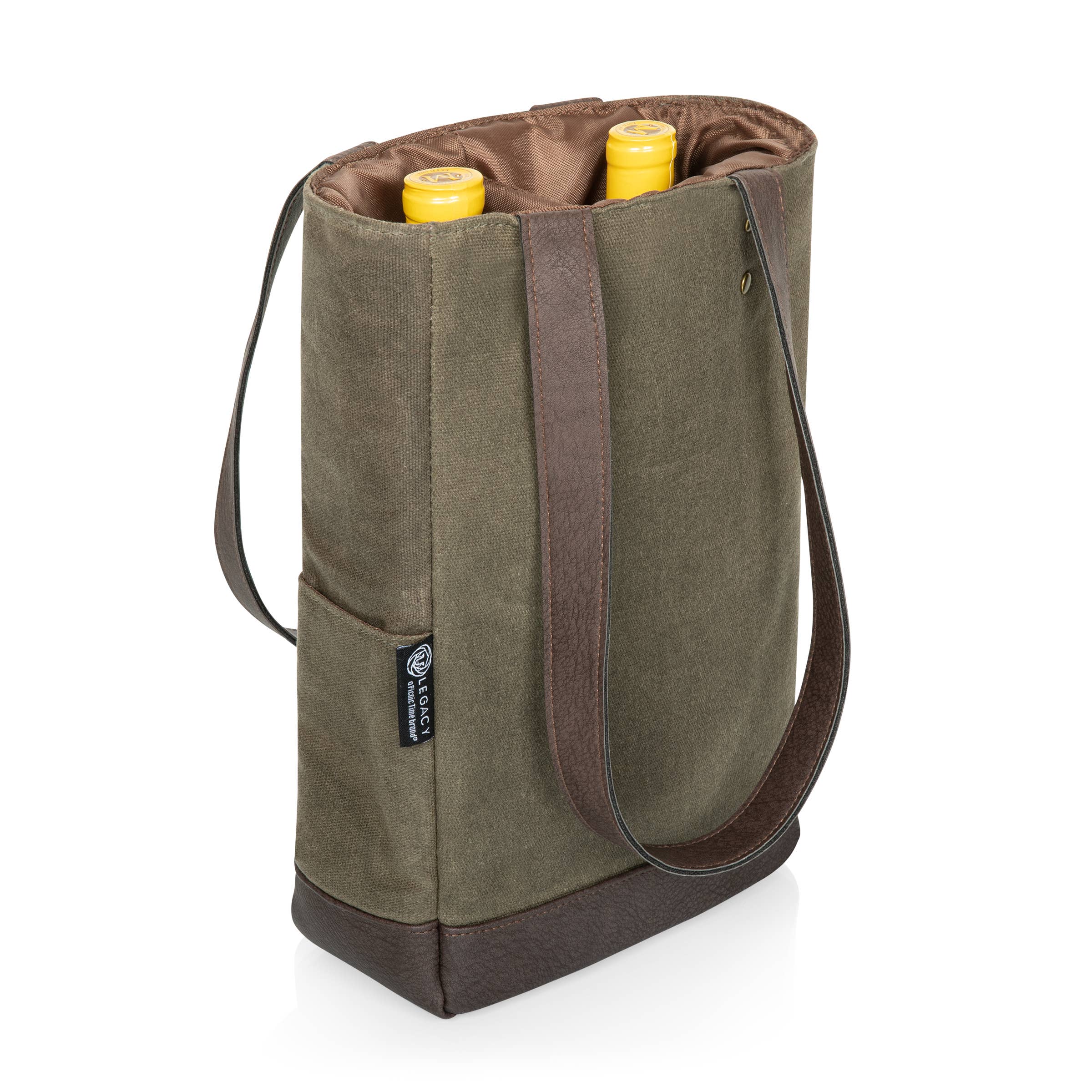 Khaki Green with Beige Accents 2 Bottle Insulated Wine Cooler Tote Bag - Distressed Canvas for wholesale on Faire8