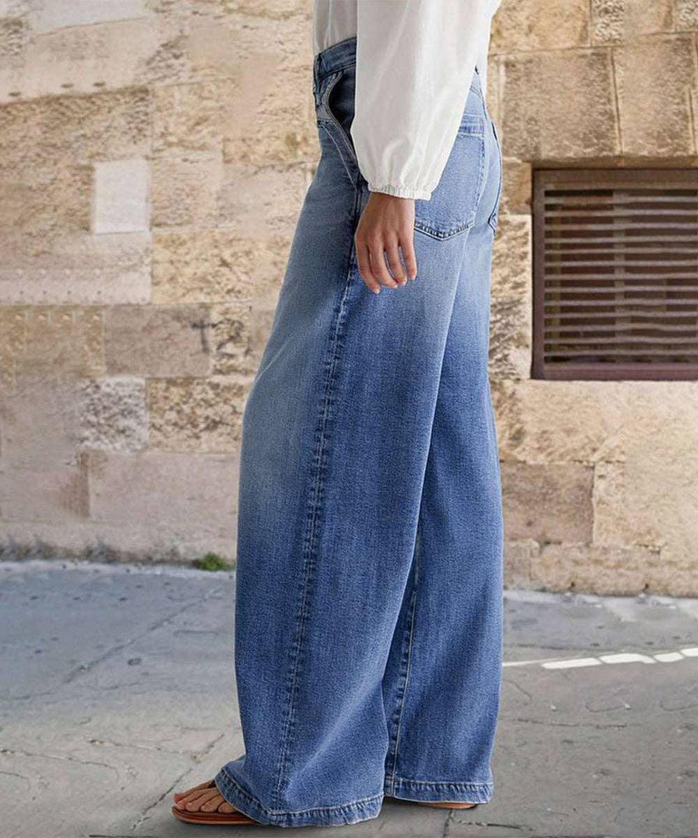 Blå Broderede brede strækjeans for engroshandel på Faire2