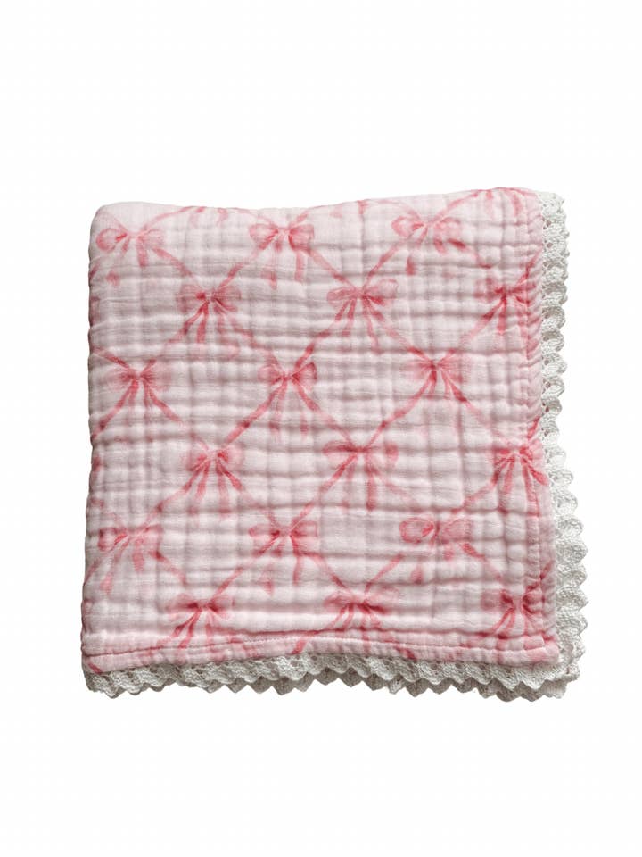 Harp Angel Boutique – wholesale Filtar – Barn och baby – Organisk muslinfilt i 6 lager – rosa rosett