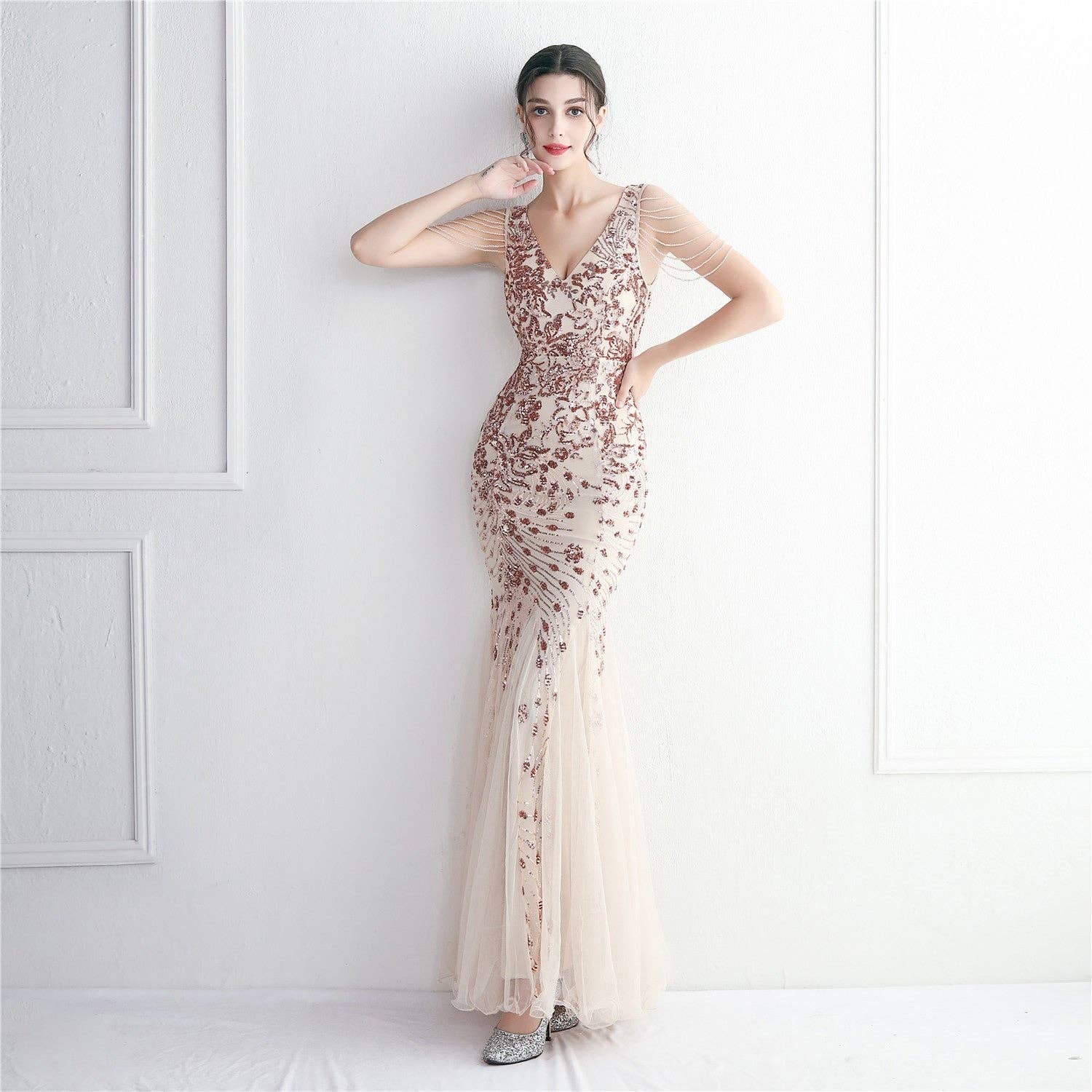 VividLux - Wholesale Gown - Women's - Sequin Mesh Craft Beaded Elegant Fishtail Dress _ Perfect for Annual Meetings1