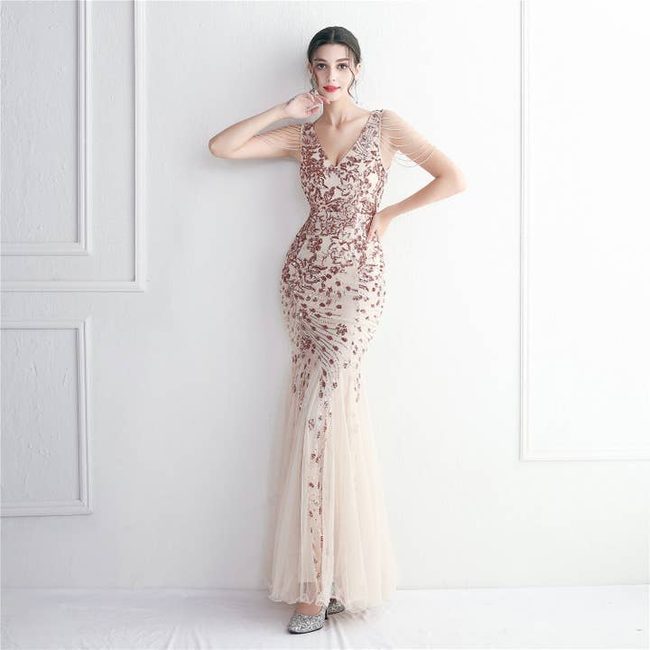 VividLux - Wholesale Gown - Women's - Sequin Mesh Craft Beaded Elegant Fishtail Dress _ Perfect for Annual Meetings1