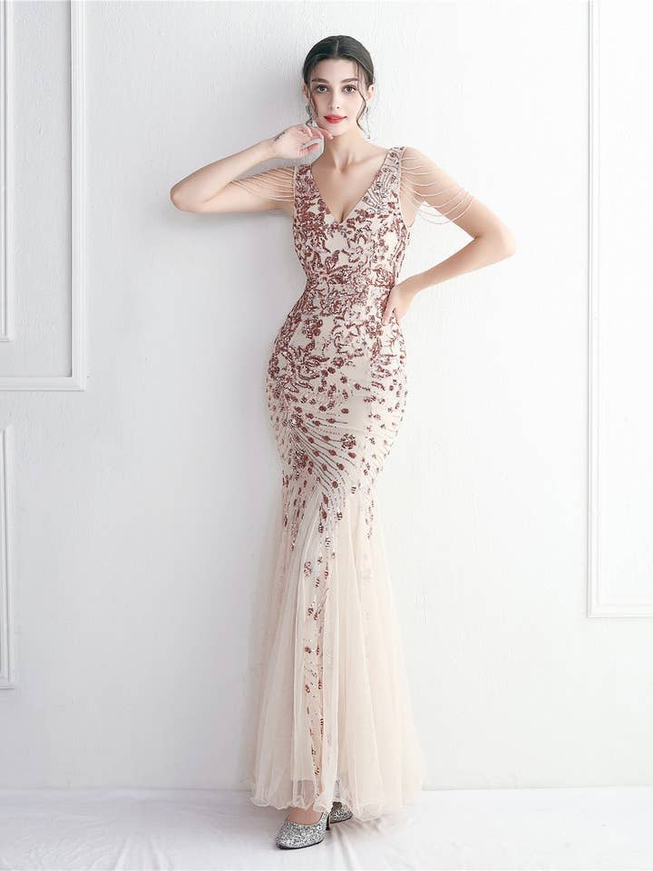 Sequin Mesh Craft Beaded Elegant Fishtail Dress _ Perfect for Annual Meetings for wholesale by VividLux