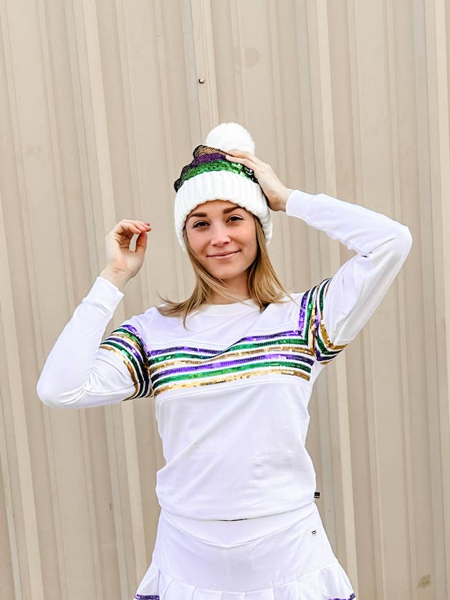 Pullover a righe con paillettes per adulti French Terry - Bianco per la vendita all'ingrosso da parte di Mardi Gras Creations