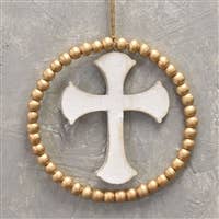 David Christopher's Collection - Wholesale Ornament - Spiritual Wooden Cross And Bead Ornament - Gold Ivory 6"