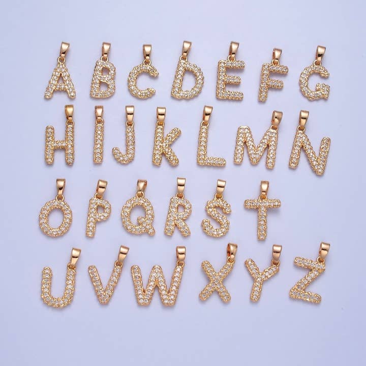 18k Gold Filled CZ Initial, Letter Alphabet Micro Pave charms Dainty Gold Cubic Pendant Charm for Necklace Bracelet Personalized Jewelry A-849-A-861 for wholesale by Aim Eternal