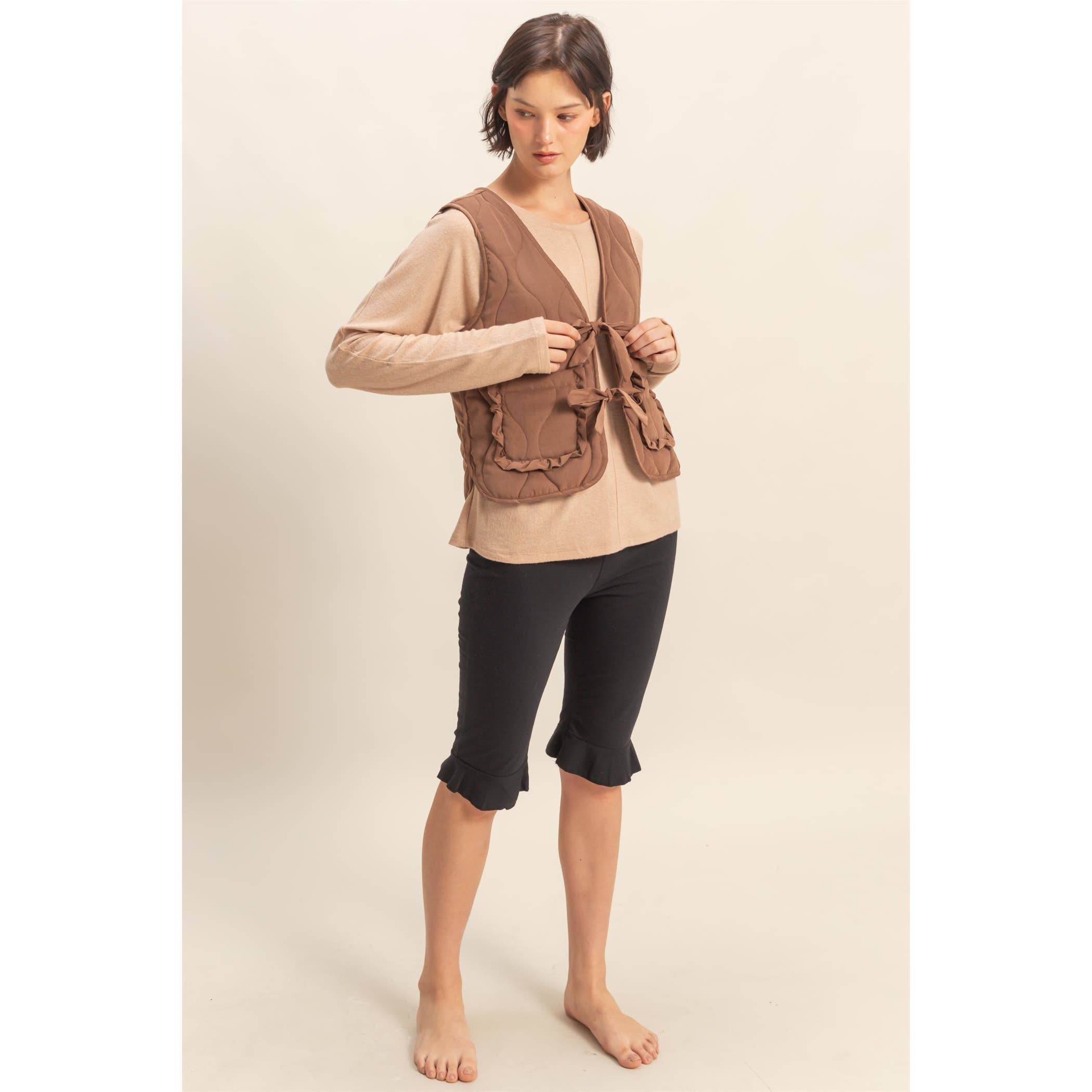 Double Zero - Wholesale Outerwear Vest - Women's - Quilted Vest With Tie-Front And Patch Pockets10