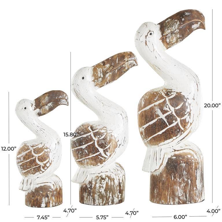 Will's Company - Wholesale Decorative Tabletop Object - Wood Pelican on Stump with White Washed Finish - Set of 31