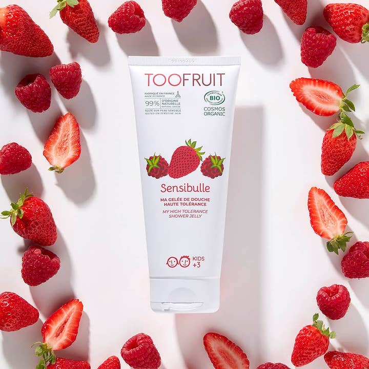 TOOFRUIT - Vente Lotions corporelles/Gels douches - Gelée de douche bio pour les enfants Fraise - Framboise - "Sensibulle" 200mL