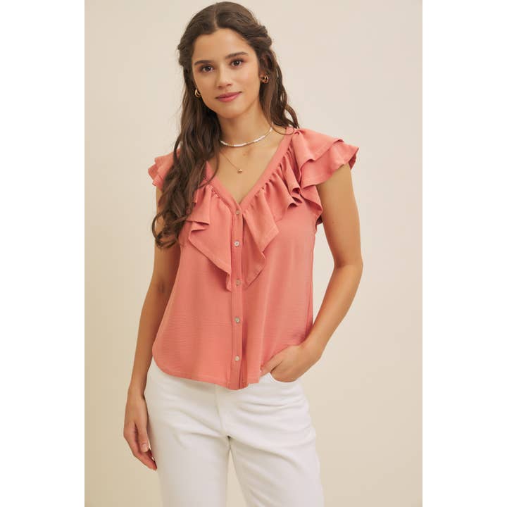 in february - Wholesale Blouse - Women's - RUFFLE BLOUSE TOP WITH BUTTON-DOWN FRONT AND CONTRAST STITCH