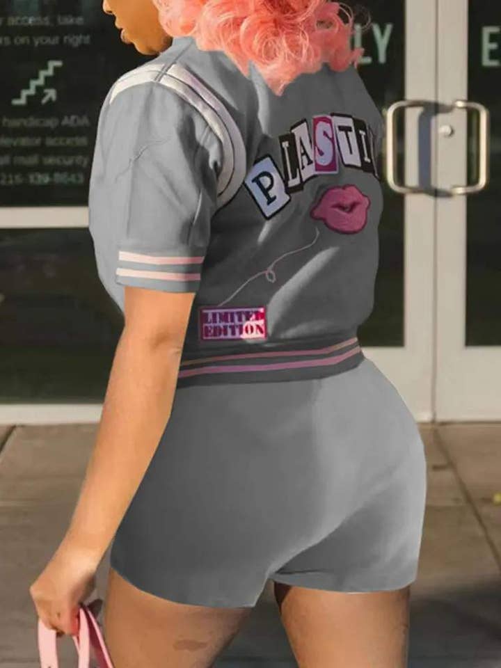 Flarix - Wholesale Top & Short Set (NOT Loungewear) - Women's - letter graphic pattern baseball top shorts set24