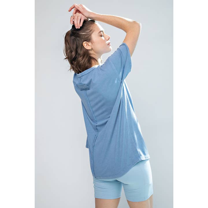 Rae Mode - Wholesale Shirt - Women's - MINERAL WASH SHORT SLEEVE TOP WITH CHEST KEYHOLE
