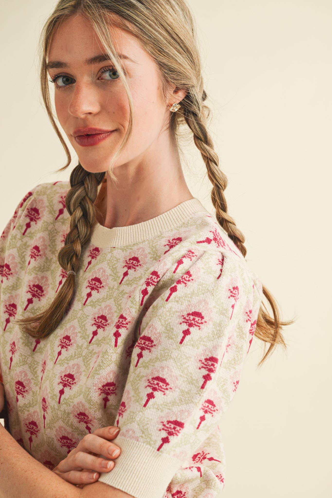 &MERCI - Wholesale Knit Sweater - Women's - FLORAL PATTERN SHORT SLEEVE SWEATER MSW1086029