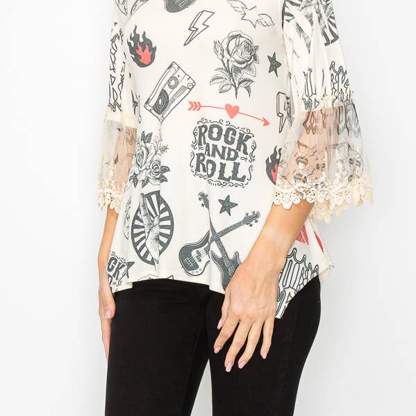 TUNIC TOP WITH LACE SLEEVE TRIMMINGS-4480BG RNR for wholesale by Origami Apparel ~ Lace and Crochet inspired