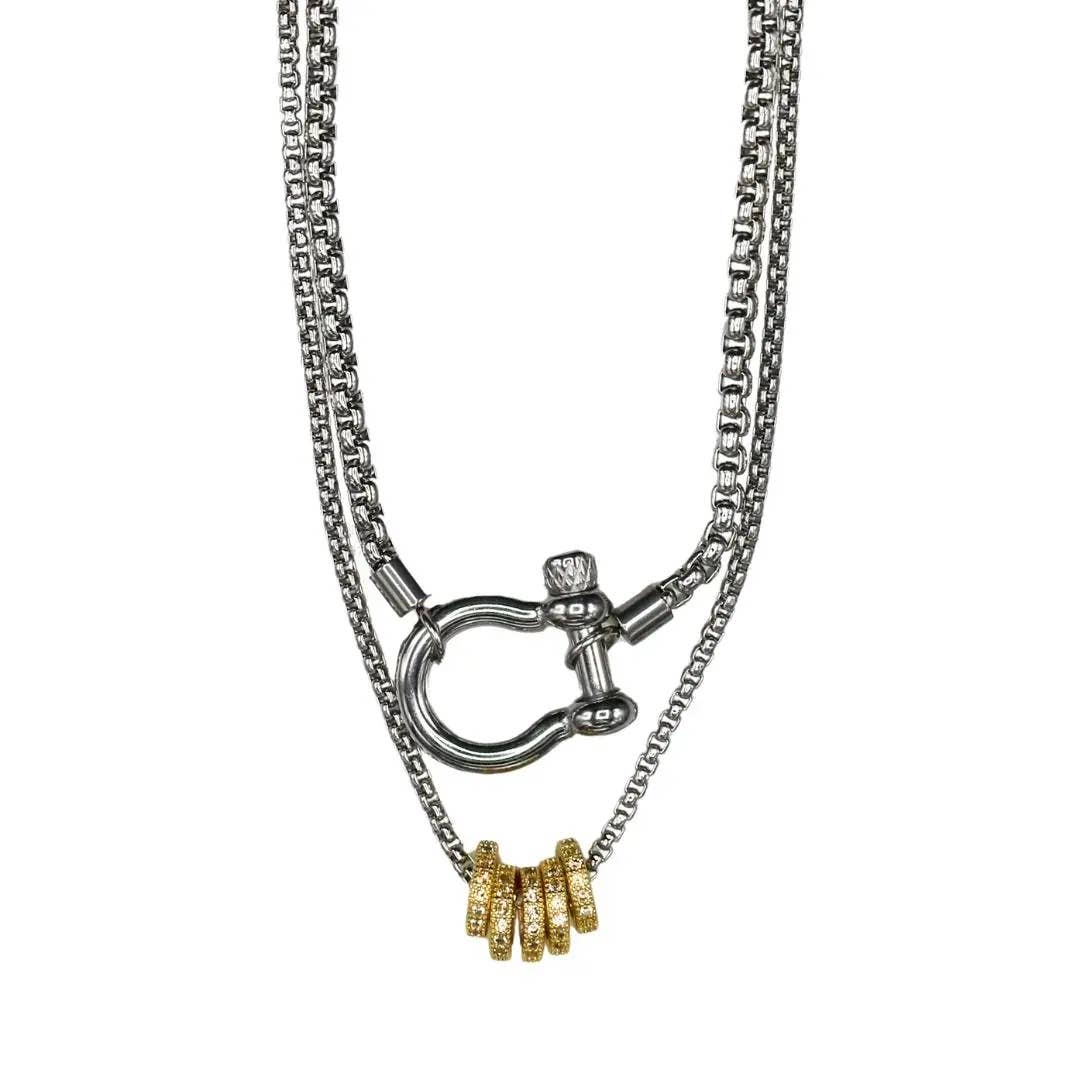 HoopLa - Vente Collier maille et chaîne - Collier à 5 anneaux en acier inoxydable, bicolore 14 carats et zircone cubique 3