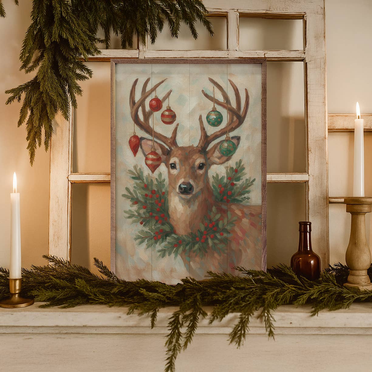 Kendrick Home - Wholesale Wood Wall Art - Christmas Whitetail Deer With Wreath2
