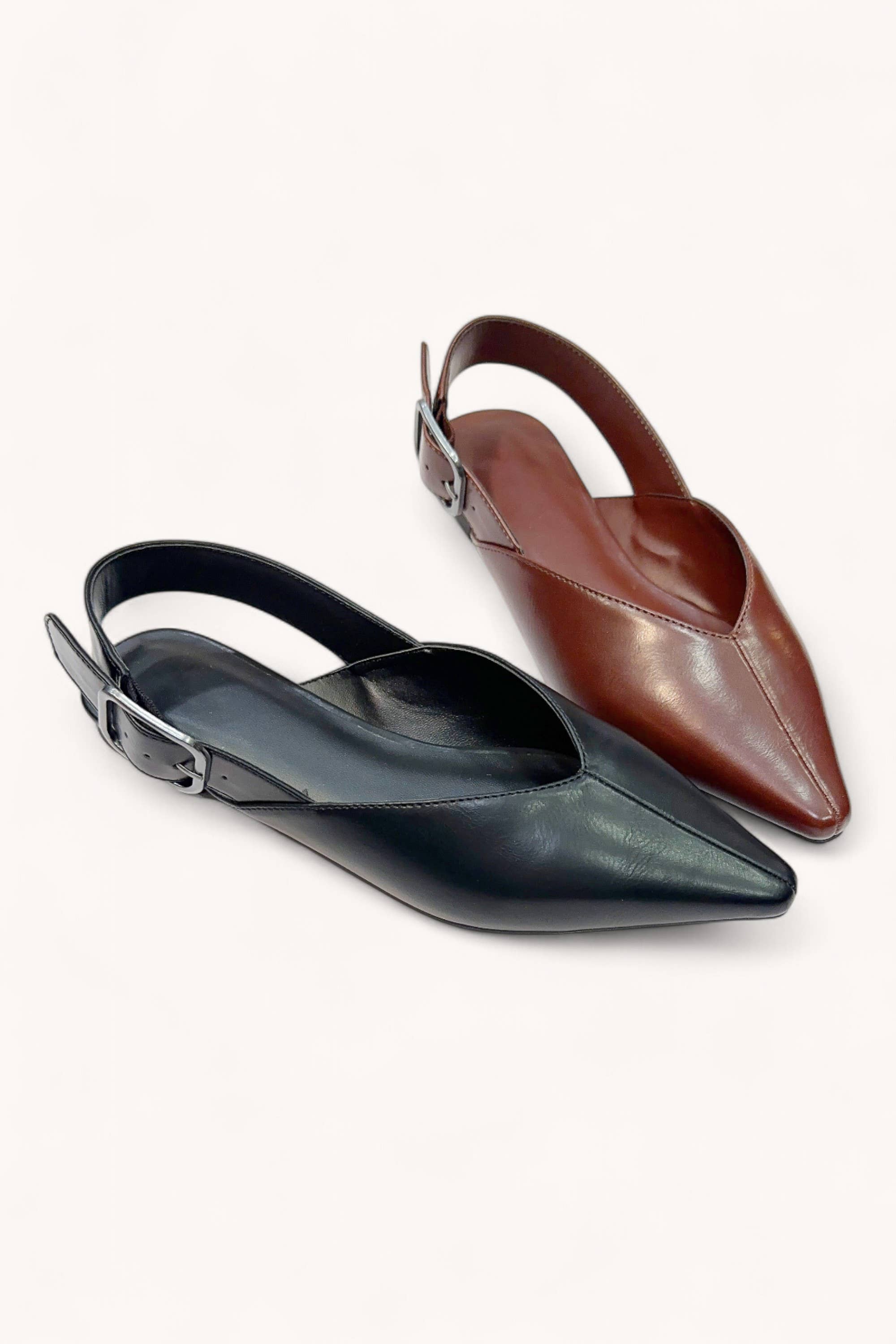 BLACK PU WISE-14 CENTER SEAM POINTED-TOE SLINGBACK FLATS for wholesale on Faire