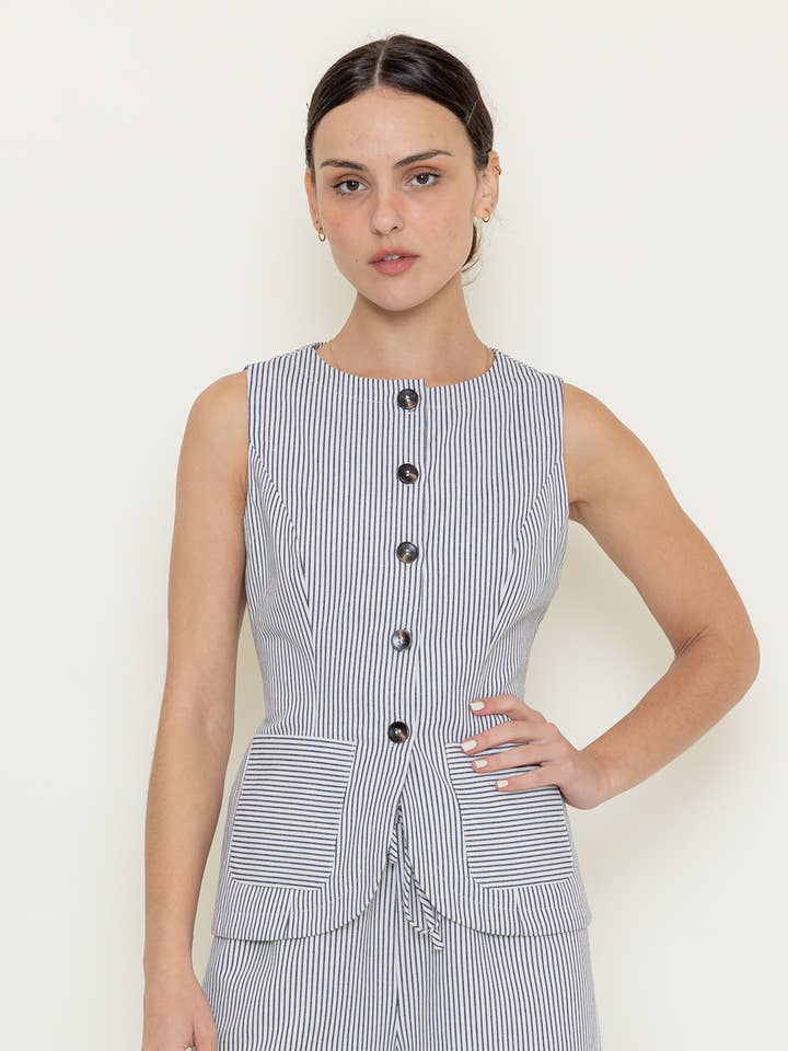 STRIPE BUSINESS CAUSAL PREPPY CHIC MODERN VEST TOP-TI5972FO for wholesale by Fore Collection