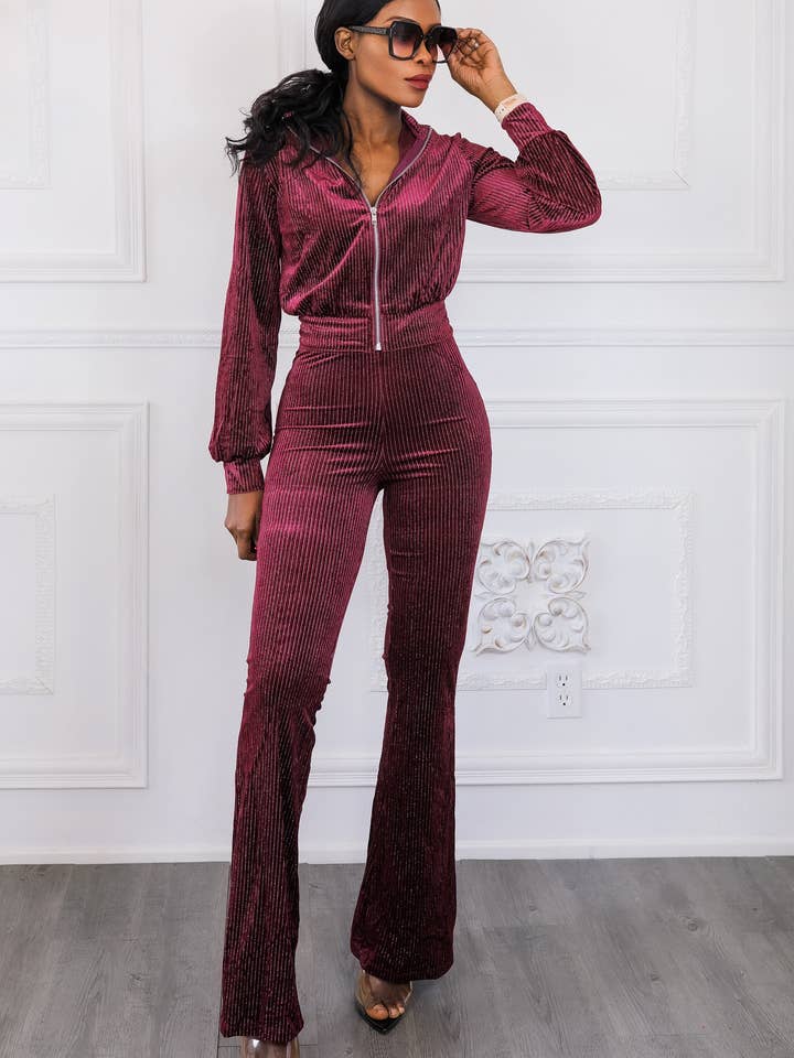 Glam Babe Velvet Two Pieces Set Bomber Jacket and Flare Pant for wholesale by SurelyMine